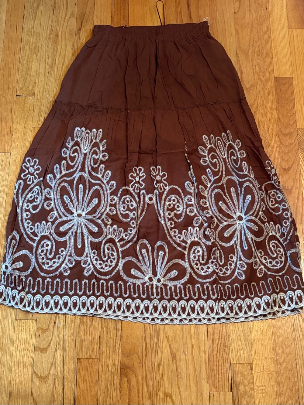 Tiered Embroidered Midi Skirt in Deep Brown